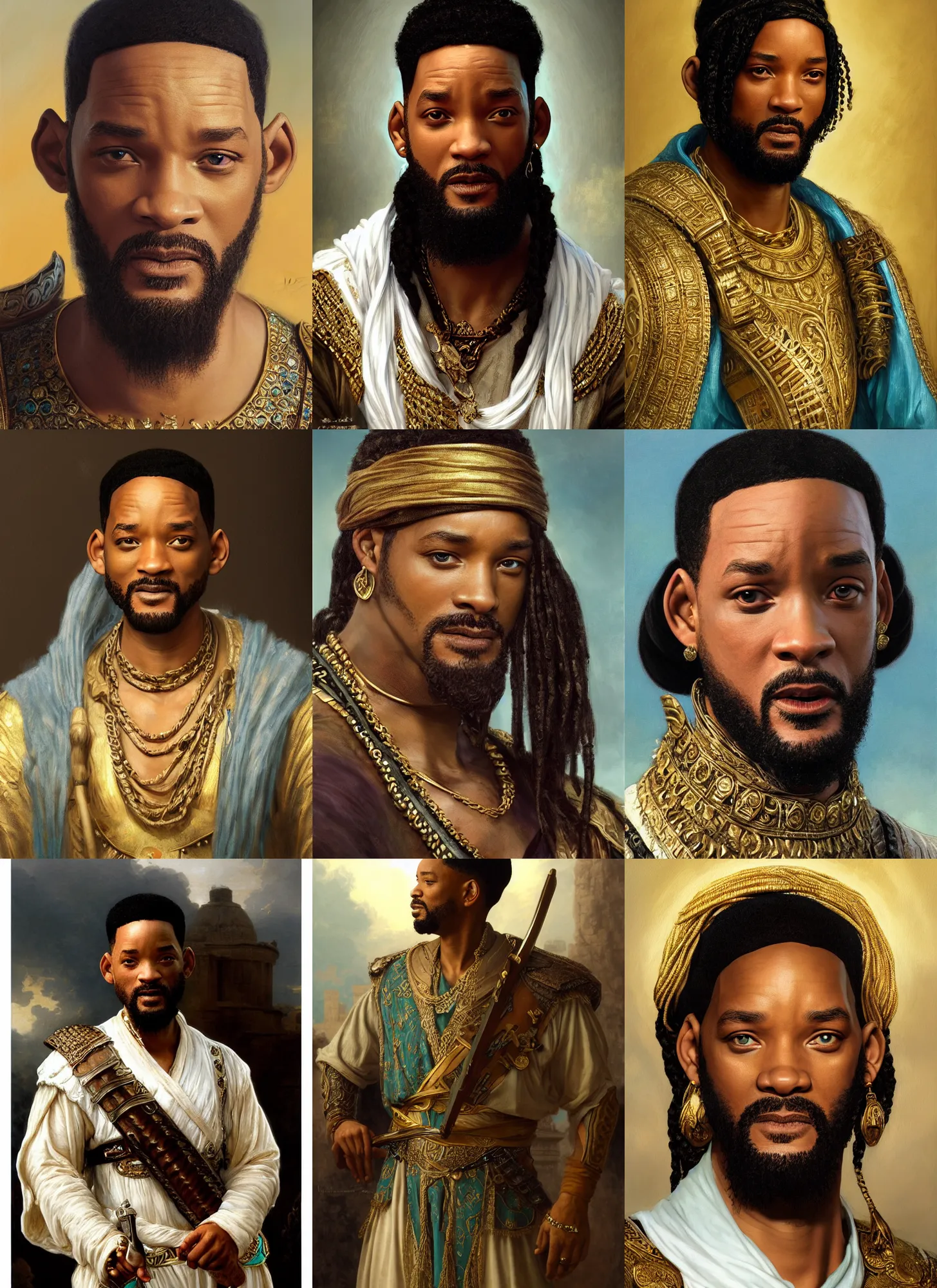 Prompt: will smith close-up portrait as ancient libyan warrior, curled beard, long cornrows, white and teal garment, gold jewelry, intricate, elegant, highly detailed, digital painting, artstation, concept art, smooth, sharp focus, illustration, orientalism, edwin long, bouguereau, rutkowski