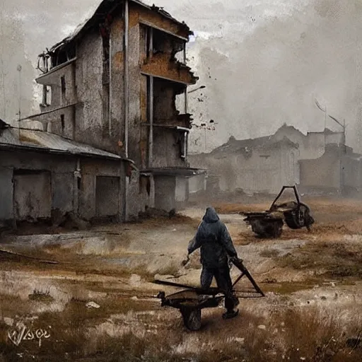 Image similar to painting by jakub rozalski of a person walking with a wheelbarrow in an abandoned post soviet town infested with root monsters