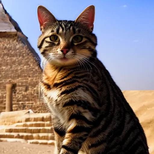 Image similar to A tabby cat seated on a throne inside the Great Pyramid of Giza
