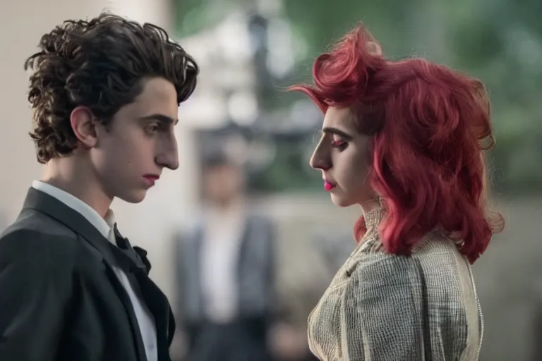 Image similar to lady gaga and timothee chalamet meet, red weapon 8 k s 3 5, cooke anamorphic / i lenses, highly detailed, cinematic lighting