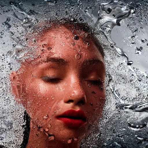 Image similar to water splashes forming a shape of a human head, water manipulation art, ray tracing, realistic water sharp focus, long shot, 8 k resolution, cinematic