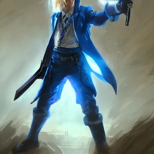 Image similar to a man with blonde hair in a blue suit wielding a large sword and a gun in a holster, fantasy, digital painting, volumetric light, intricate, sharp, focus, bloom, illustration, highly detailed, concept art, matte, ruan jia, randy vargas, greg rutkowski