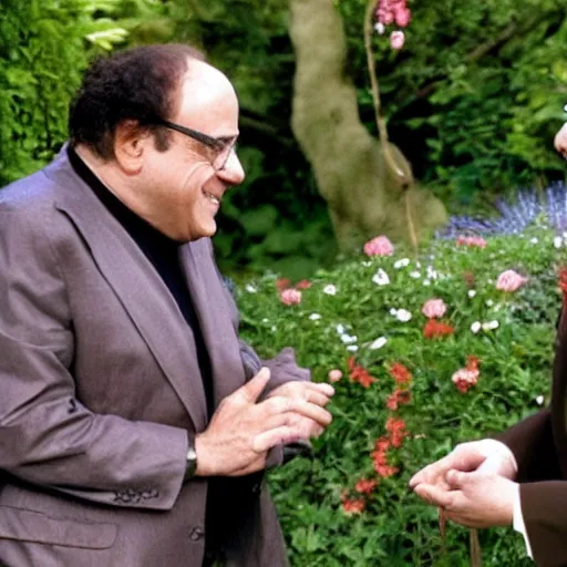 Image similar to danny devito proposing to steve buscemi in a romantic garden