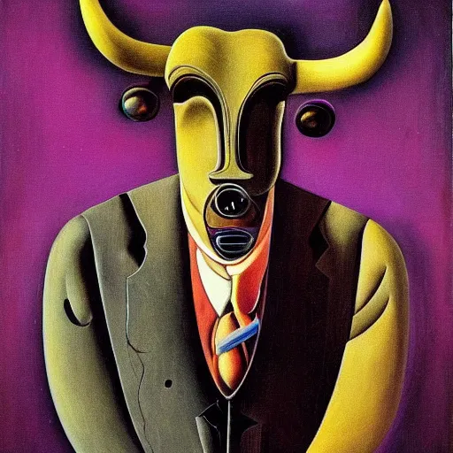 Prompt: A portrait of a humanoid cyberpunk cow wearing a suit, eerie, by Salvador Dali