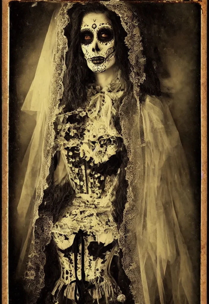 Image similar to tintype full body view, woman religous veil, dia de muertos dress and make up, corset garters and stockings, horrific beautiful vibe, evocative, atmospheric lighting, painted, intricate, highly detailed,