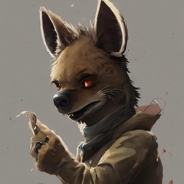 Image similar to a beautiful painting of a handsome anthropomorph brown hyena furry fursona wearing an uniform. character design by cory loftis, fenghua zhong, ryohei hase, ismail inceoglu and ruan jia. artstation, volumetric light, detailed, photorealistic, rendered in octane