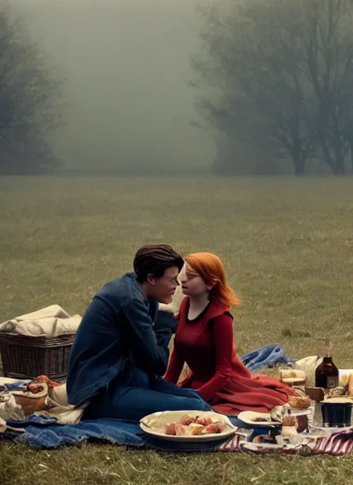 Prompt: emma stone having a picnic with tom holland, faded color film, russian cinema, tarkovsky, kodachrome, old clothing, heavy fog, 4 k, dramatic lighting, greg rutkowski