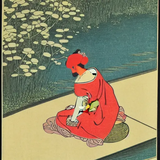 Prompt: hiroshi yoshida woodblock print. beautiful woman sitting near pond.