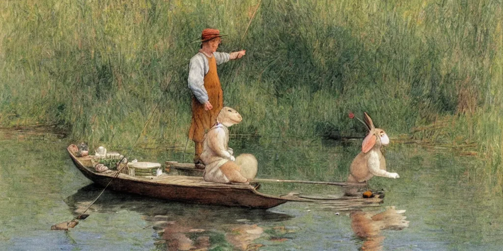 Image similar to a rabbit fishing by a calm lake, in the style of carl larsson