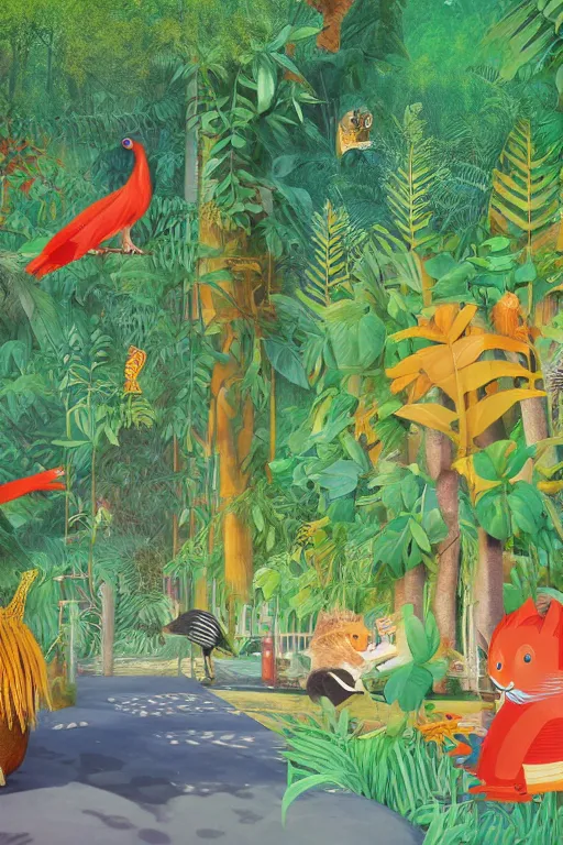 Image similar to rare bird in the jungle, hyper detailed, unreal engine render concept art, glitch, style of henri rousseau and richard scarry and hiroshi yoshida