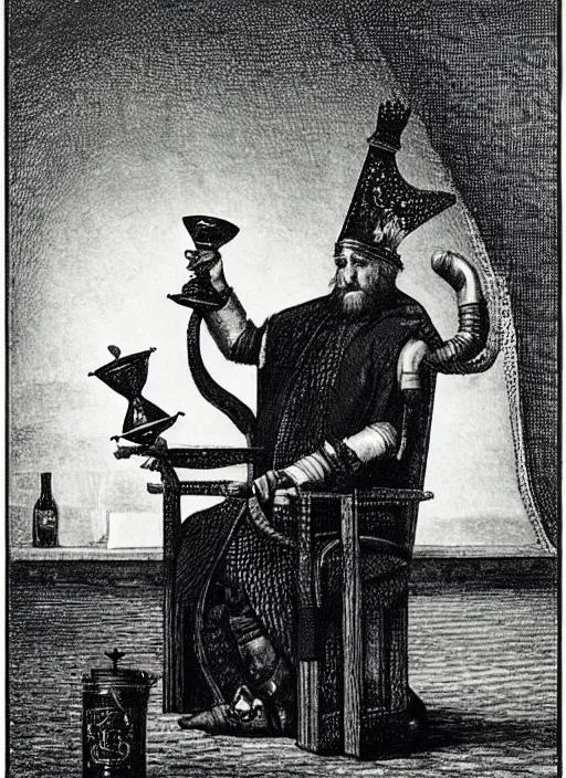 Image similar to king on a throne with a water - filled tankard in his hand in the style of michael sowa