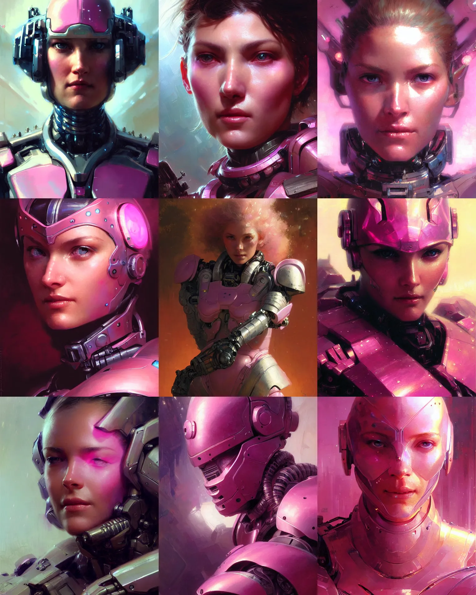 Prompt: extreme close up, facial portrait, woman in pink sci - fi armor, mechanical armor, cybernetic hands, striking pose, portrait dnd, painting by gaston bussiere, craig mullins, greg rutkowski, yoji shinkawa, artgerm