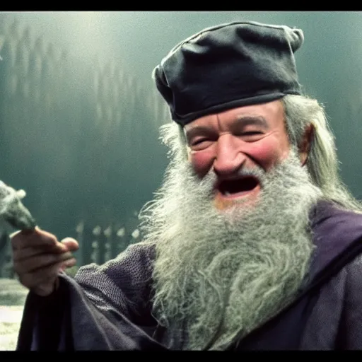 Image similar to Robin Williams playing Dumbledore in Harry Potter, screenshot