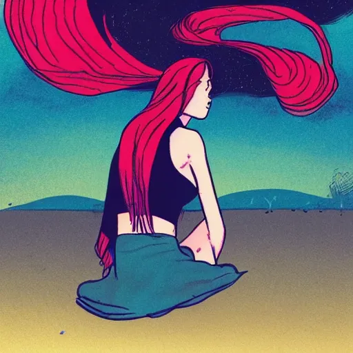 Image similar to a beautiful comic book illustration of a woman with long red hair sitting near a lake at night by dave gibbons, featured on artstation