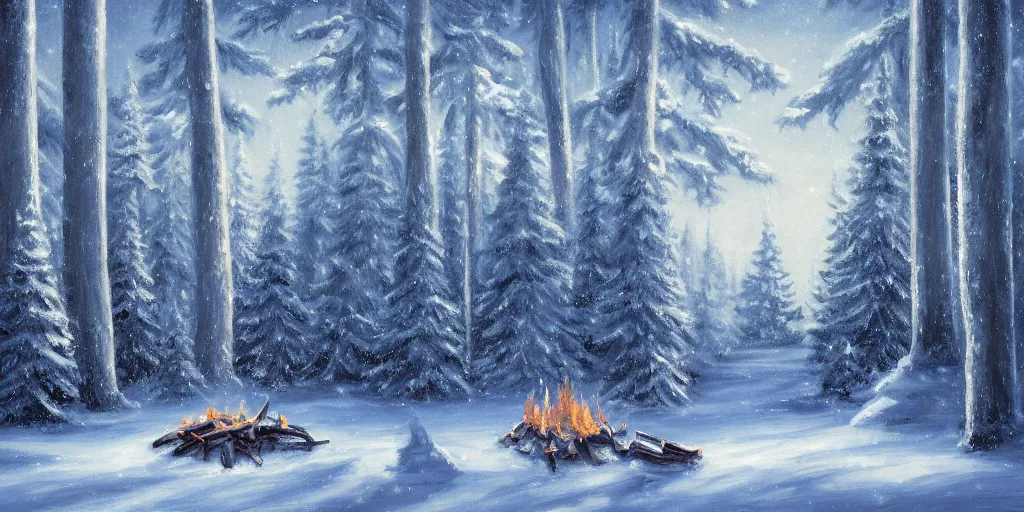 Prompt: winter wonderland, fantasy, white color pallet, campfire, forest trees covered in snow, small details, high resolution, extremely detailed, by bob ross, falling snow, trending on artstation, 8 k