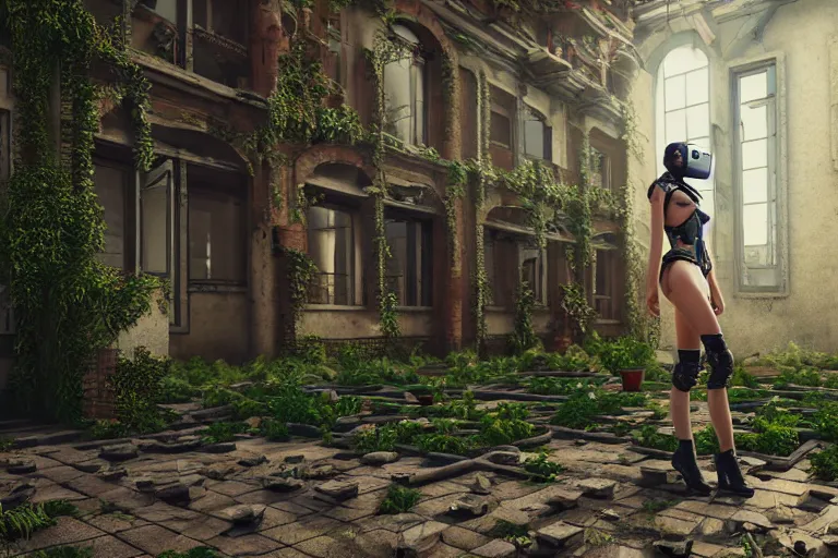 Image similar to Broken cyborg girl with VR helmet on old courtyard with mud and an old playground between two soviet five-storey overgrown with ivy panel houses, high details, cinematic, 8k resolution, beautiful detailed, insanely intricate details, artstation trending, rule of third, octane render, unreal engine