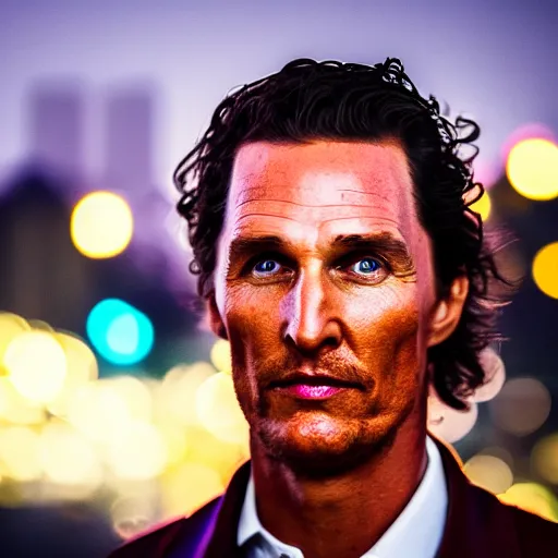 Image similar to a still of matthew mcconaughey . Shallow depth of field. City at night in background, lights, colors ,studio lighting, mood, 4K. Profession photography