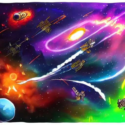 Prompt: an epic space battle, mixed art styles