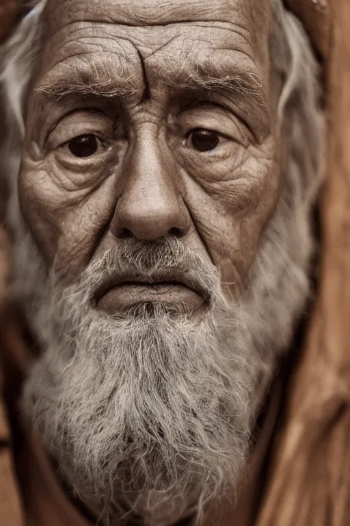 Prompt: a portrait of an old man with a solemn look and deep expression in his eyes, wooden carving, highly detailed, strong lighting, cinematic, HD, 4K