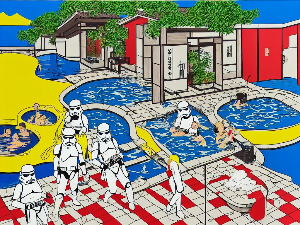 Image similar to hyperrealism composition of the japanese house with a hot springs in the garden, two detailed stormtroopers bathe in a hot spring, pop - art style, jacky tsai style, andy warhol style, roy lichtenstein style, acrylic on canvas