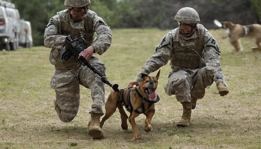 Image similar to a soldier sends a dog to attack a cyborg