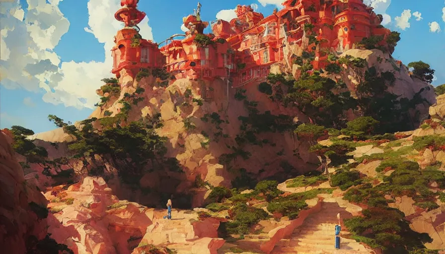 Image similar to RED Royal CRYSTAL castle built OVER CLIFF, hyperdetailed, artstation, cgsociety,by studio ghibli painting,by Joaquin Sorolla rhads Leyendecker, by Ohara Koson and Thomas, 8k