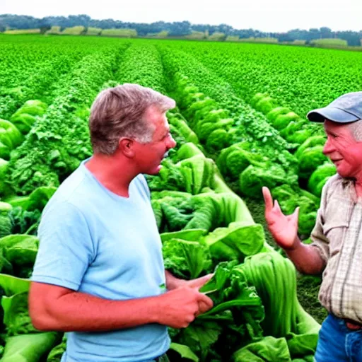 Prompt: Two farmers talking about vegetables, with subtitles