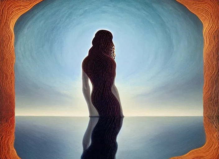 Prompt: A portrait of a woman standing by a cosmic lake, by Octavio Ocampo, reflection, symbolist, soft colors, dramatic lighting, smooth, sharp focus, extremely detailed, aesthetically pleasing composition