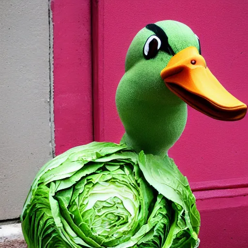 Image similar to a duck dressed as cabbage