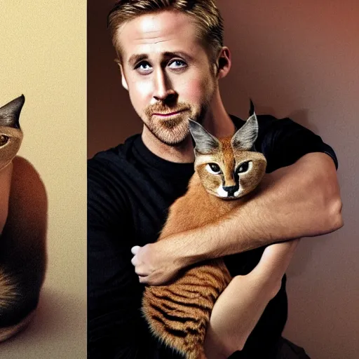 Image similar to Ryan Gosling holds a caracal cat in his hands, ultra highly detailed, smooth, sharp focus, elegant, artstation