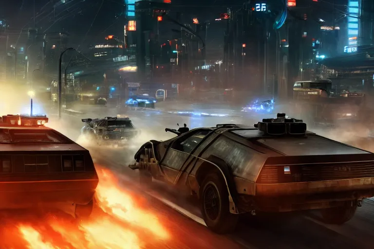 Image similar to photo of the back to the future combat delorean driving on wet post apocalyptic dystopian cyberpunk city streets at night, rocket league, mad max, action, speed, volumetric lighting, hdr, gta 5, makoto shinkai, syd mead, craig mullins, cinematic, fast and furious, octane, 8 k, iso 1 0 0, 1 2 mm