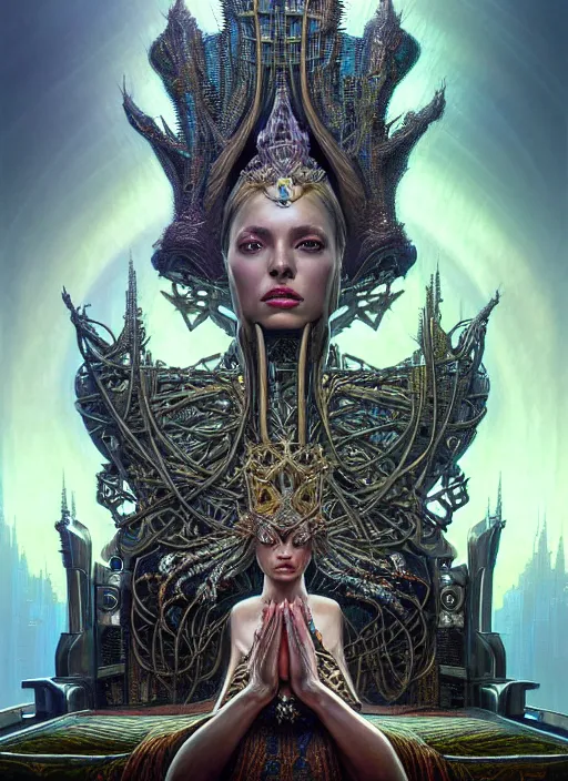 Image similar to closeup portrait shot of beautiful queen on cybertronic throne praying in a scenic dystopian environment, intricate, elegant, highly detailed, centered, digital painting, artstation, concept art, smooth, sharp focus, illustration, artgerm, tomasz alen kopera, peter mohrbacher, donato giancola, joseph christian leyendecker, wlop, boris vallejo