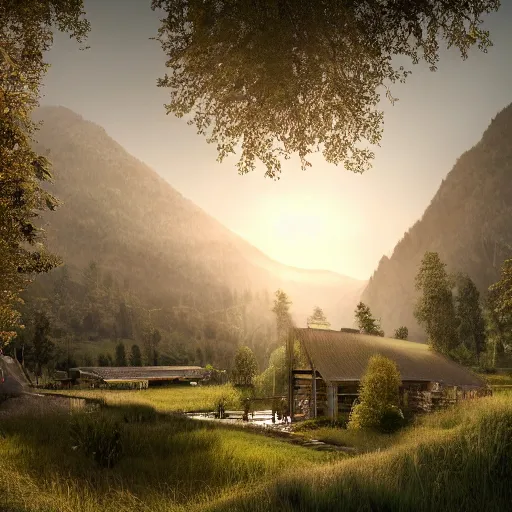 Image similar to ecovillage designed by olson kundig, day time, grand mountains and forest in the distance, farm and gardens, streams, white mist, sun in the sky, Cinematic, environment concept art, ethereal, ultra detailed, unreal engine style, cinematic light, trending in artstation, highly detailed, epic scene