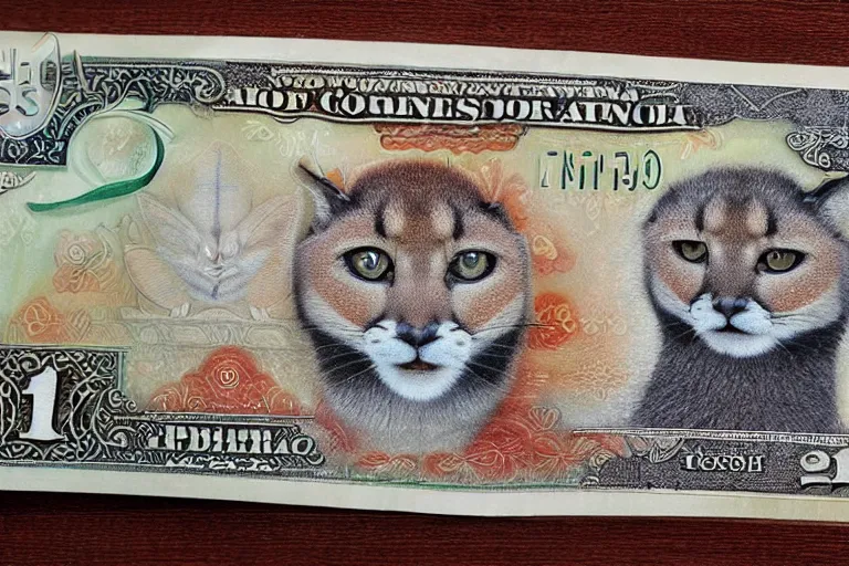 Prompt: one dollar banknote with face of cute caracal on it, intaglio style, photo realistic, ultra detailed, 8k, sharp focus