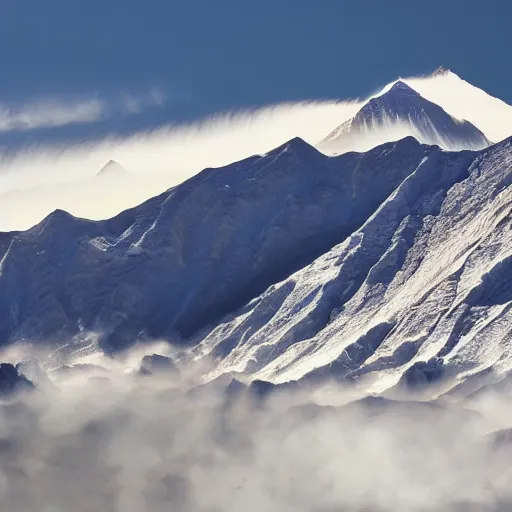 Image similar to tsunami pouring over the himalayan mountains, photograph, highly detailed 4 k