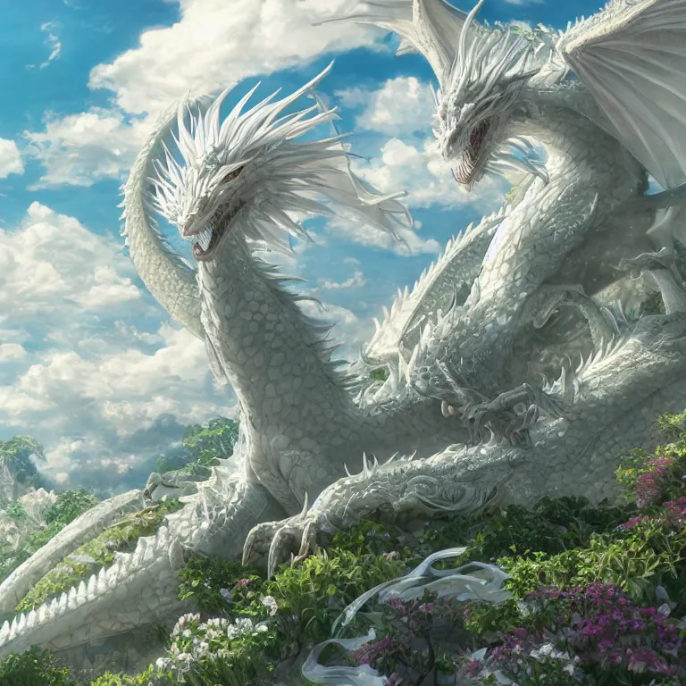 Prompt: the beautiful hyper detailed scene render that a lonely beautiful girl lies in the arms of a huge silver white dragon alone in fairyland surrounded by white clouds, finely detailed angelic face delicate features, style of studio ghibli, makoto shinkai, raphael lacoste, louis comfort tiffany, artgerm, james jean, ross tran, animation style, hd, ultra wide angle
