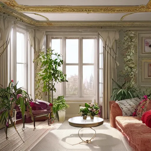 Image similar to beautiful rendering of an interior scene, english retro living room with sunlight coming from the window, plants and roses as accents, gold glittering ornaments, trending on behance, by raphael lacoste and craig mullins, rule of thirds, 8 k resolution, unreal engine, rendered in maya, detailed, wide - angle lens, two - point perspective, light effect, overall color balance