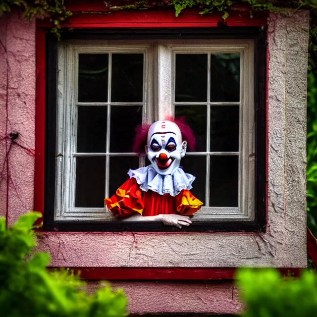 Prompt: looking at a scary clown in the garden from the window, highly detailed, 8 k, hdr, smooth, sharp focus, high resolution, award - winning photo