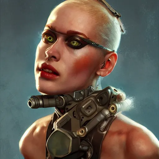 Image similar to tank girl, highly detailed, half android, power implants, body transmogrify, beautiful, mesmerising, look of desire, loving stare, digital painting, trending on artstation, concept art, 4 k, sharp focus, illustration, art by greg rutkowski