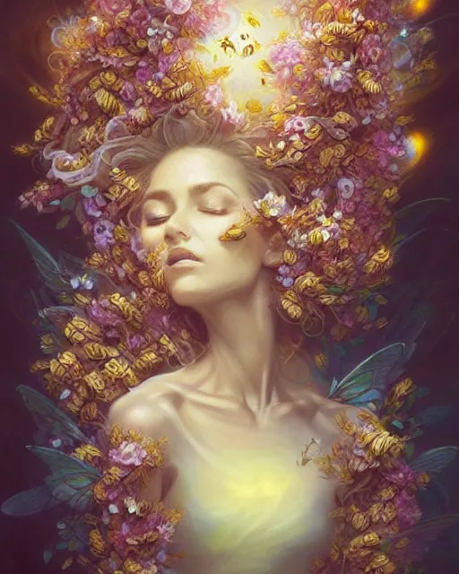 Image similar to Beautiful beekeeper woman covered in flowers and bees, radiant halo of light, swirling flowers, flowing silk, peter mohrbacher, artgerm