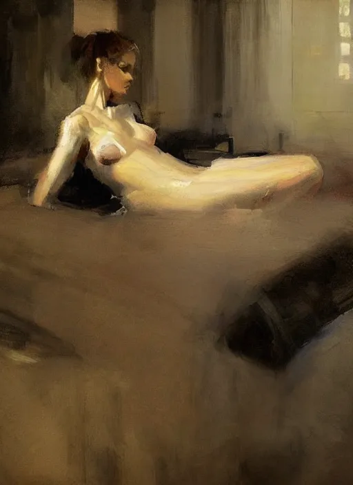 Image similar to aesthetic portrait painting of a beautiful woman posing in an artistic over a bed, by jeremy mann, only one head single portrait