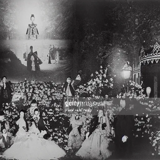 Prompt: A wide-angle, full-shot, colourful black-and-white Russian and Japanese historical fantasy photograph taken within the royal wedding venue in 1907 that was inspired by an enchanted ethereal forest was photographed by the event's official photographer.