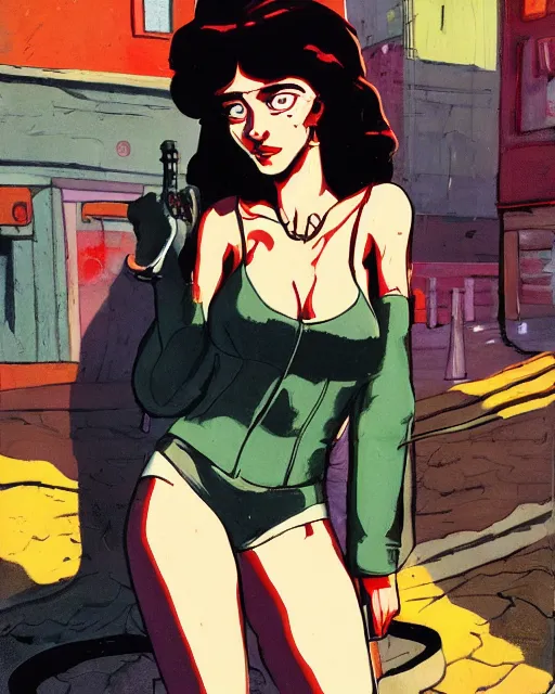 Image similar to young female protagonist in leather jacket, city street, artwork by ralph bakshi