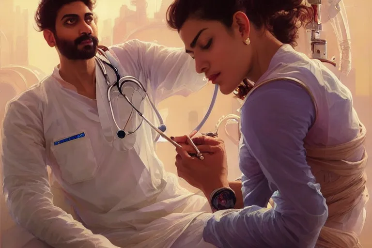 Image similar to Sensual good looking pale young Indian doctors wearing jeans in a space station above Earth performing surgery, portrait, elegant, intricate, digital painting, artstation, concept art, smooth, sharp focus, illustration, art by artgerm and greg rutkowski and alphonse mucha