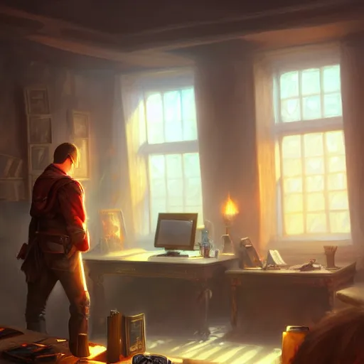 Image similar to a man and a room melting in a room with two computers, d & d, fantasy digital painting, trending on artstation, concept art, sharp focus, illustration, global illumination, ray tracing, realistic shaded, art by artgerm and greg rutkowski and fuji choko and viktoria gavrilenko and hoang lap