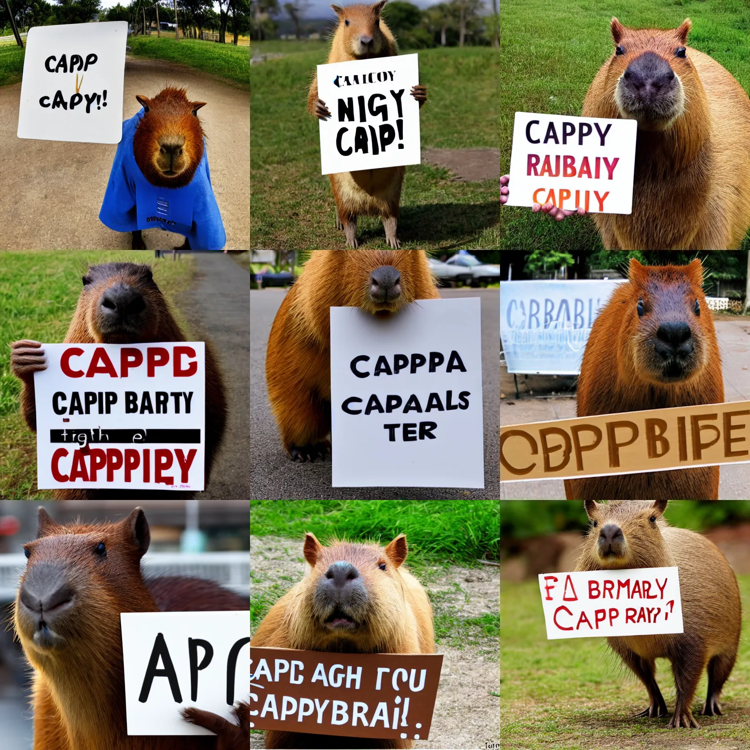 Image similar to realistic high quality photo of a capybara holding a sign with text that reads : capybara