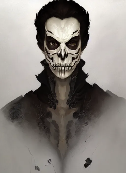 Prompt: character concept portrait of an princely young angry Spanish wizard with pale white skin and wearing half skeleton mask while casting a dark seduction spell, a floating burning spell book in the center, intricate, elegant, digital painting, concept art, smooth, sharp focus, illustration, from Metal Gear, by Ruan Jia and Mandy Jurgens and William-Adolphe Bouguereau, Artgerm