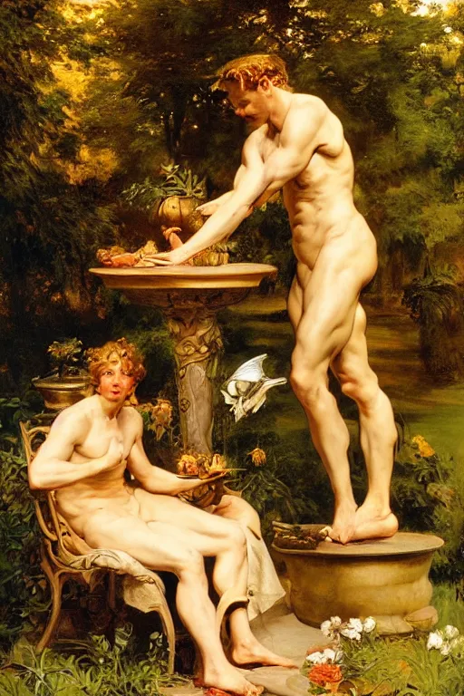 Image similar to the God Pan, golden hour, in a garden, artstation, by J. C. Leyendecker and Peter Paul Rubens,