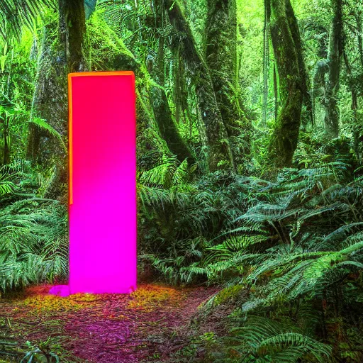 Prompt: a neon monolith in a mythical rainforest,