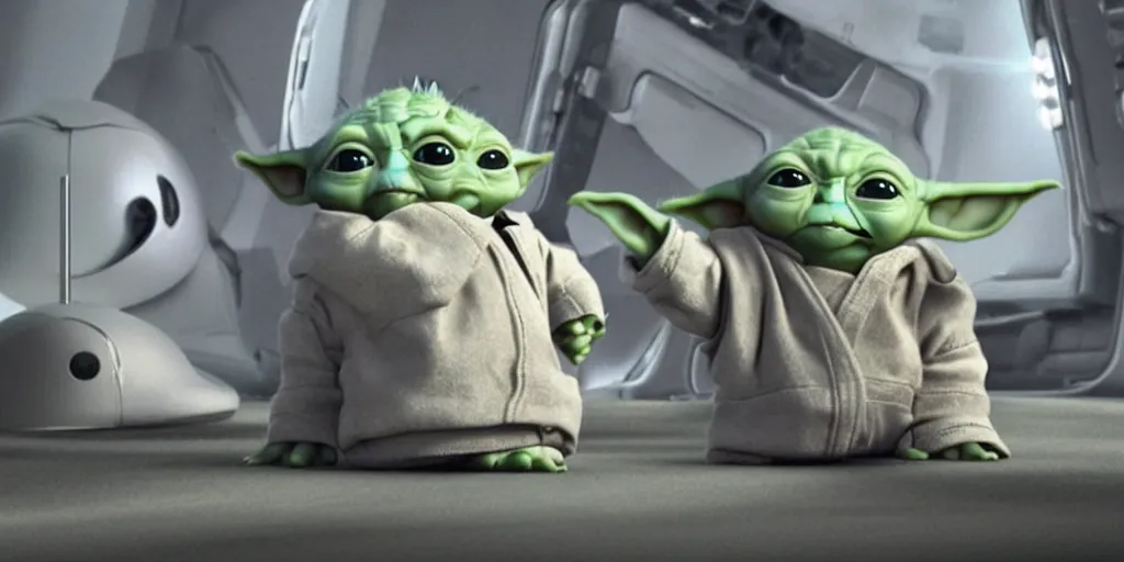 Image similar to a 3 d rendered movie still of baby yoda. baby yoda wears a spacesuit, and explores cosmos in a super awesome space ship. science fiction blockbuster movie baby yoda rules the world or i was a teenage yoda, dramatic lighting, imax 7 0 mm. buzz lightyear